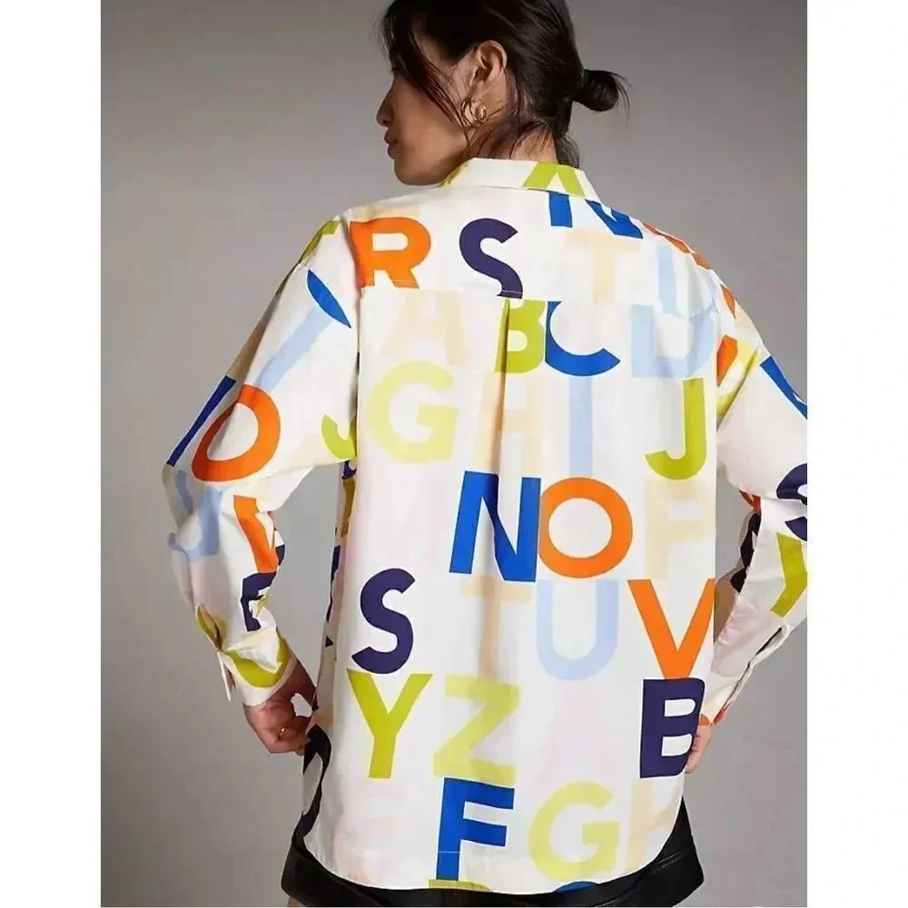 Anthropologie Maeve Breezy Alphabet Blouse Pullover Styling, 50s Fashion Size Sm